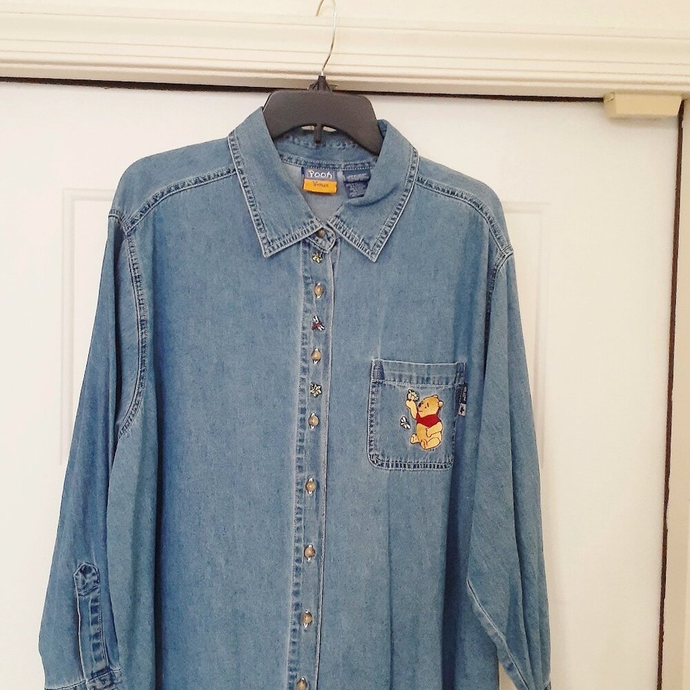Vtg Disney Winnie the Pooh Blue Denim Shirt 100 Acre Wood L/S Women's 22W/24W